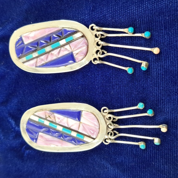 Hand Crafted Jewelry - Vintage Native American Multi Stone On Sterling Silver Dangle Earrings Post